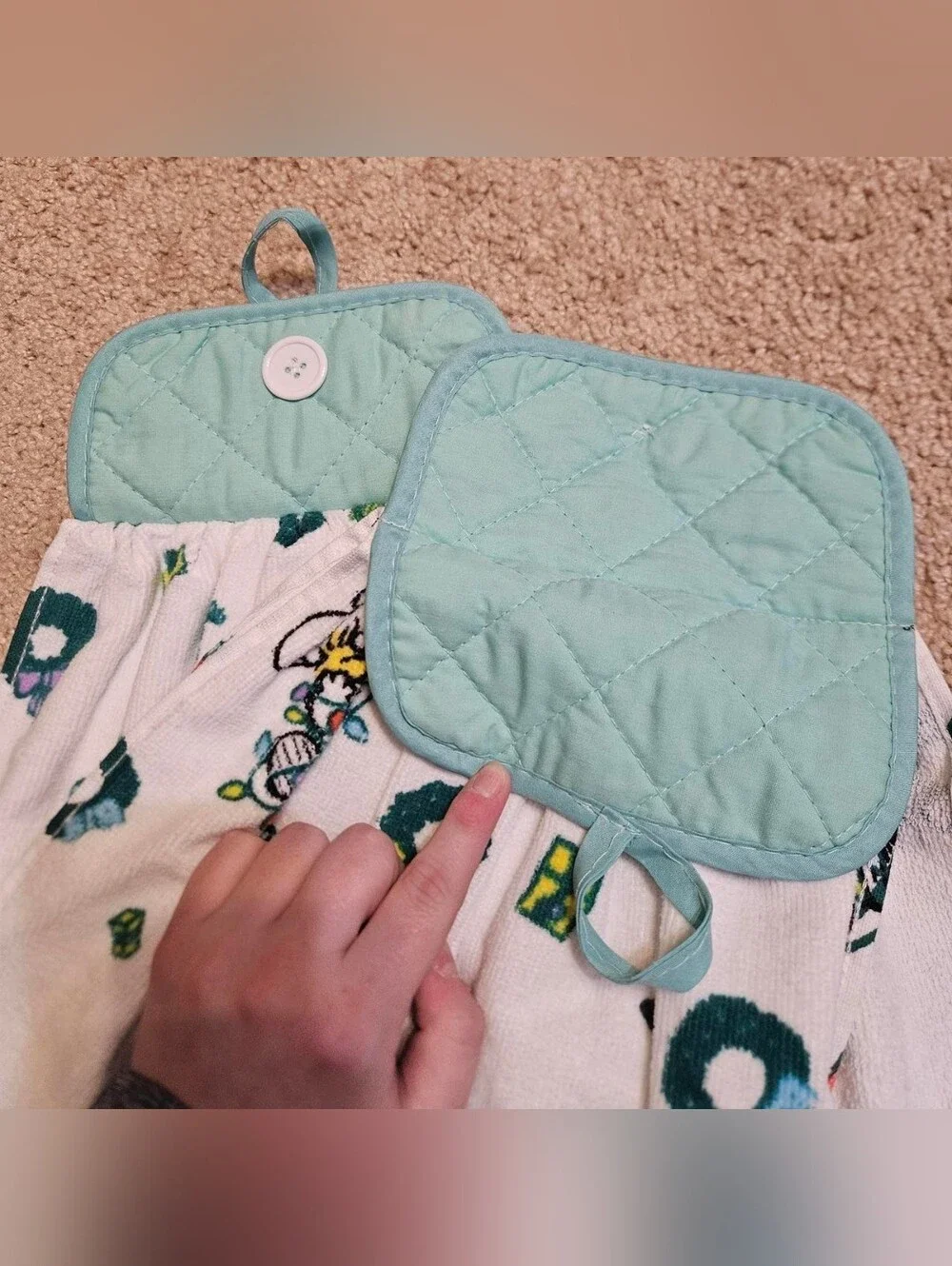 2 Handcrafted Towels Attached To Potholders | Snoopy | Christmas